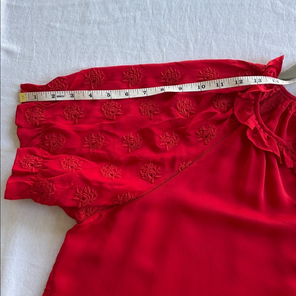 THE GREAT. Vibrant Red Silk Embroidered Floral Design Peasant Short Sleeve Top - Picture 12 of 12
